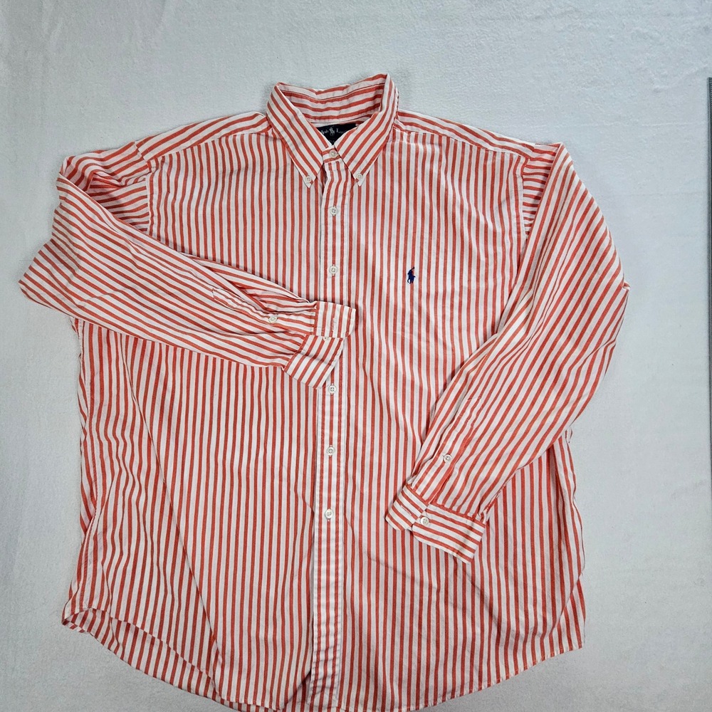 Polo Ralph Lauren Blake Mens XXL Coral White Striped Cotton Button Down Shirt - Picture 1 of 12